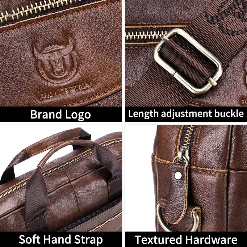 (image for) BULLCAPTAIN Briefcase Shoulder Messenger Bags Men's Genuine Leather 14-inch Laptop Bag's Men's Briefcase Office Business Handbag